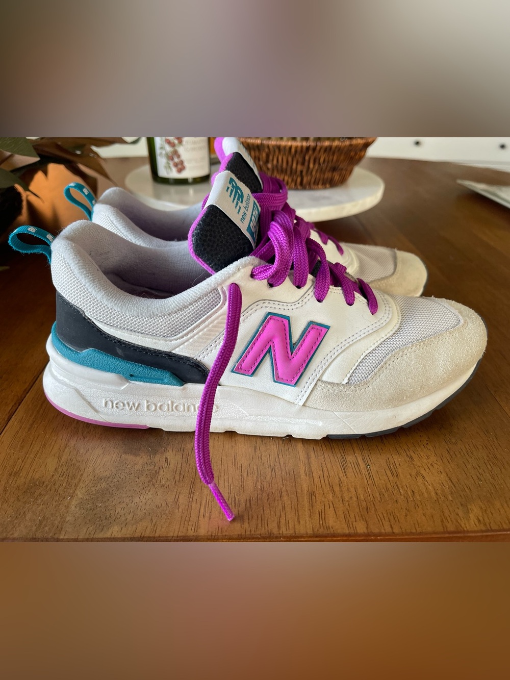 New Balance White Teal Black Sneakers with Pink Accents